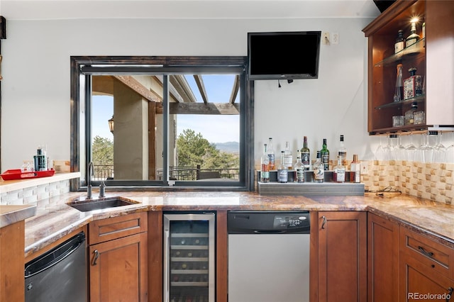 bar featuring stainless steel dishwasher, a sink, wet bar, wine cooler, and dishwashing machine
