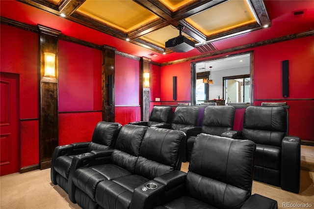 home theater room with light carpet, coffered ceiling, and beamed ceiling