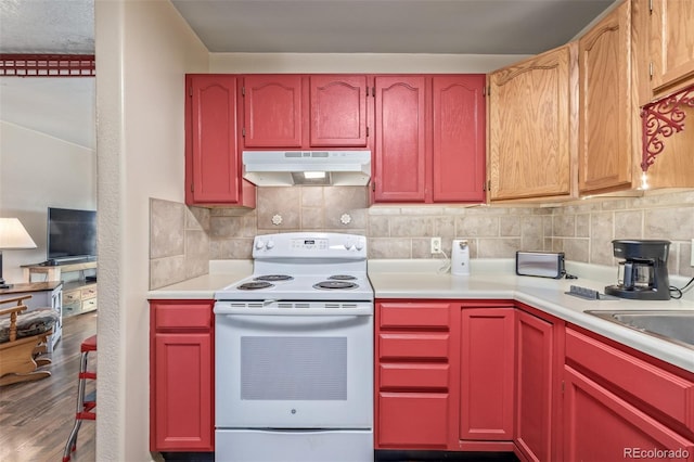 kitchen featuring white range with electric cooktop, tasteful backsplash, light countertops, a sink, and under cabinet range hood