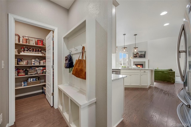 hall featuring a sink and wood finished floors
