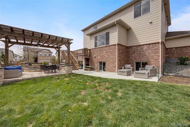 rear view of house featuring an outdoor living space, a patio area, stairway, brick siding, and a pergola