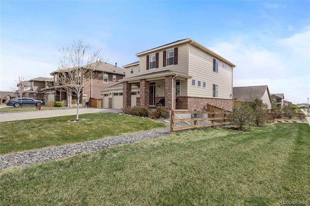 view of front of property with a porch, driveway, a front yard, brick siding, and an attached garage