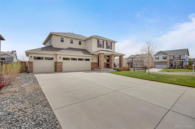view of front facade featuring fence, an attached garage, brick siding, a porch, and concrete driveway