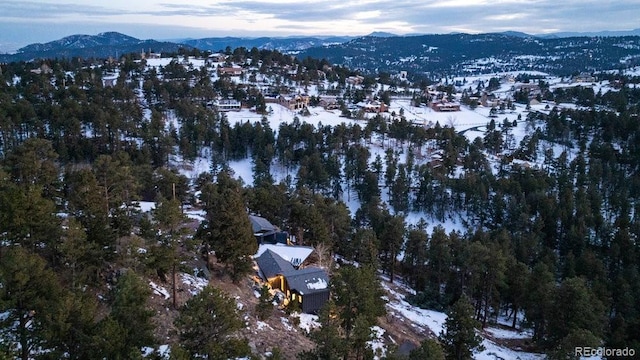 snowy aerial view featuring a mountain view