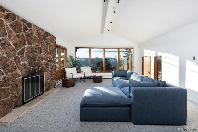 carpeted living room with high vaulted ceiling, a fireplace, beamed ceiling, a baseboard radiator, and a mountain view