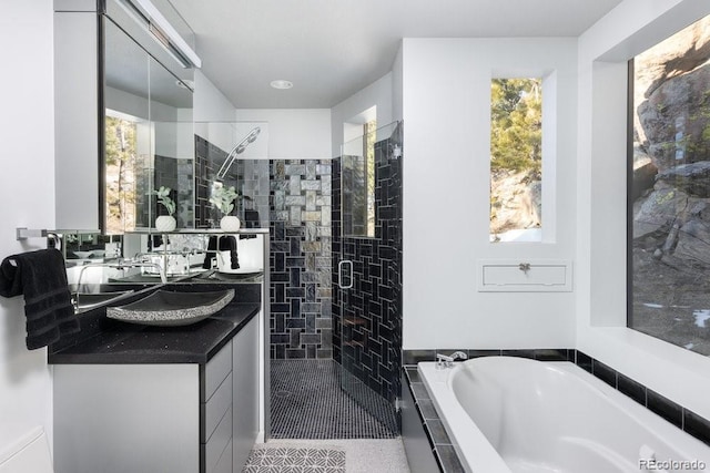 bathroom with independent shower and bath and vanity