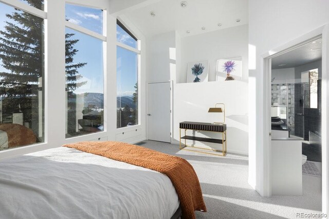 bedroom with carpet floors, vaulted ceiling, and multiple windows
