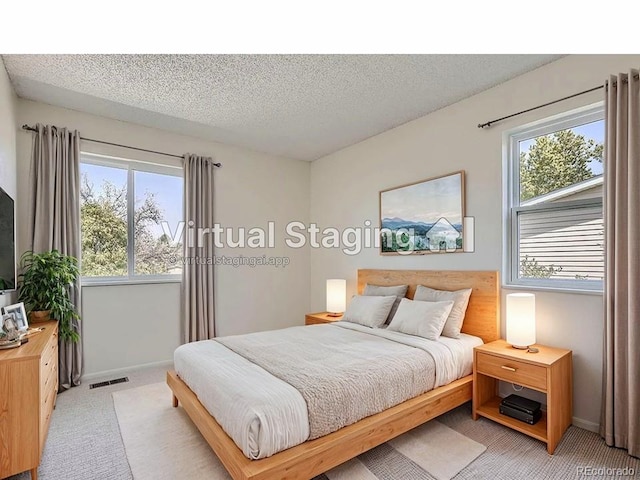 carpeted bedroom with a textured ceiling and multiple windows