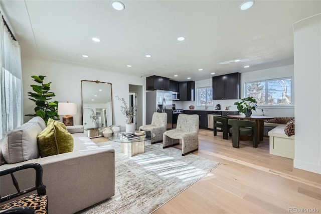 living room with sink and light hardwood / wood-style flooring