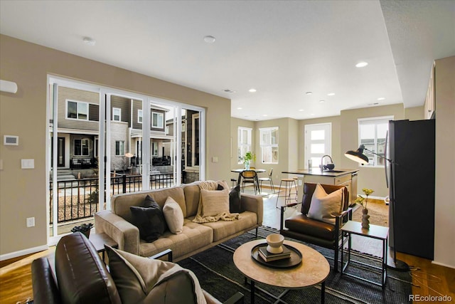 living room featuring hardwood / wood-style flooring and sink