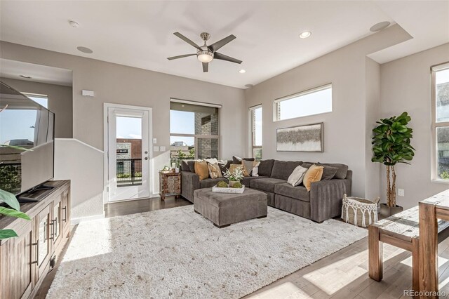 10305 Martin Luther King Blvd, Denver, CO 80238 - living room with wood finished floors, a ceiling fan, and recessed lighting