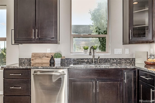 10305 Martin Luther King Blvd, Denver, CO 80238 - kitchen with dishwasher, a sink, dark brown cabinets, and dark stone countertops
