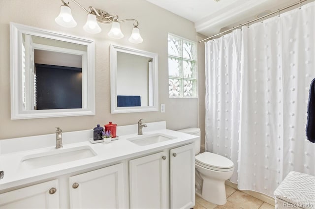 1449 Braewood Ave, Highlands Ranch, CO 80129 - full bath featuring toilet, double vanity, tile patterned floors, and a shower with shower curtain