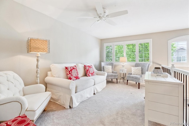 1449 Braewood Ave, Highlands Ranch, CO 80129 - living area with light carpet, a ceiling fan, and vaulted ceiling