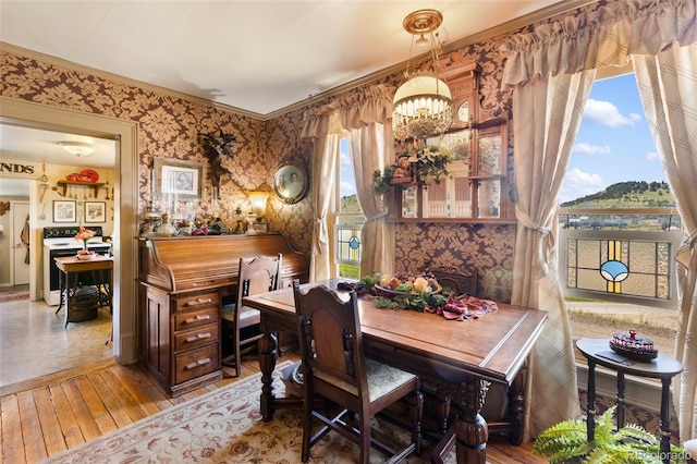310 E Whiting Ave, Cripple Creek, CO 80813 - dining space with wallpapered walls, hardwood / wood-style floors, and a chandelier