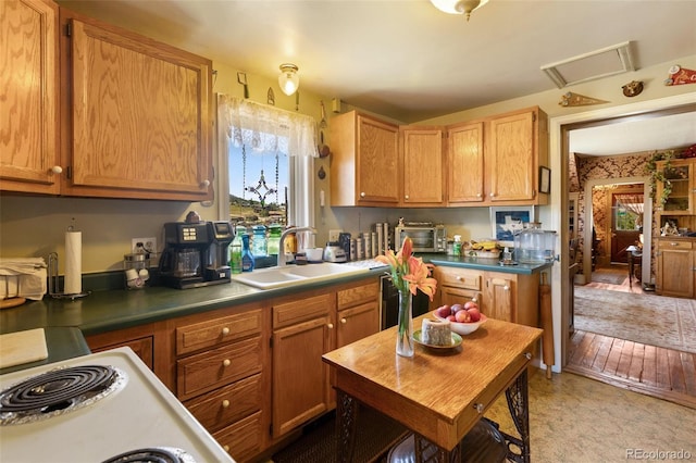 310 E Whiting Ave, Cripple Creek, CO 80813 - kitchen with dark countertops, brown cabinets, and white electric cooktop