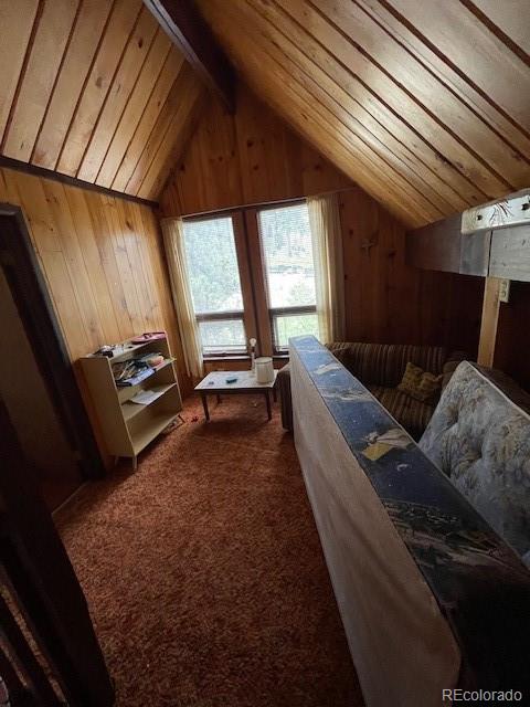 interior space featuring wooden walls, lofted ceiling, and carpet flooring