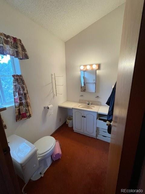 bathroom featuring vaulted ceiling, a textured ceiling, vanity, and toilet