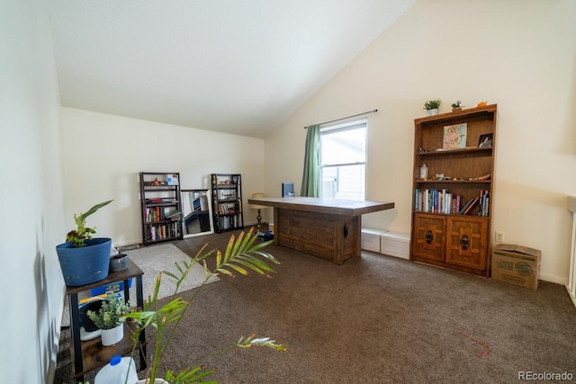 miscellaneous room with dark colored carpet and vaulted ceiling