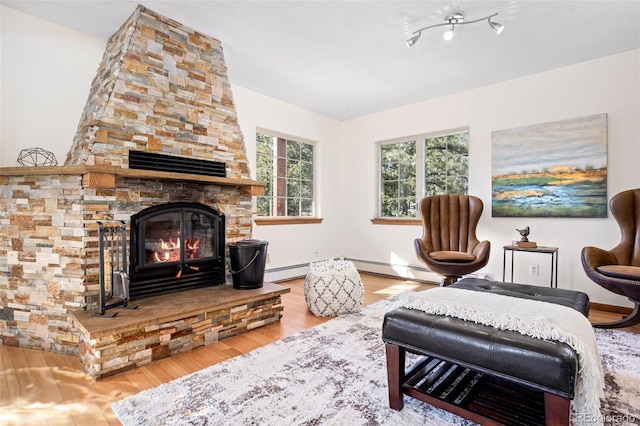 living area with a fireplace and wood finished floors