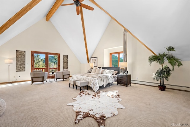 bedroom with a ceiling fan, beam ceiling, carpet, and high vaulted ceiling