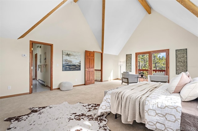 carpeted bedroom featuring a baseboard heating unit, beam ceiling, baseboards, and high vaulted ceiling