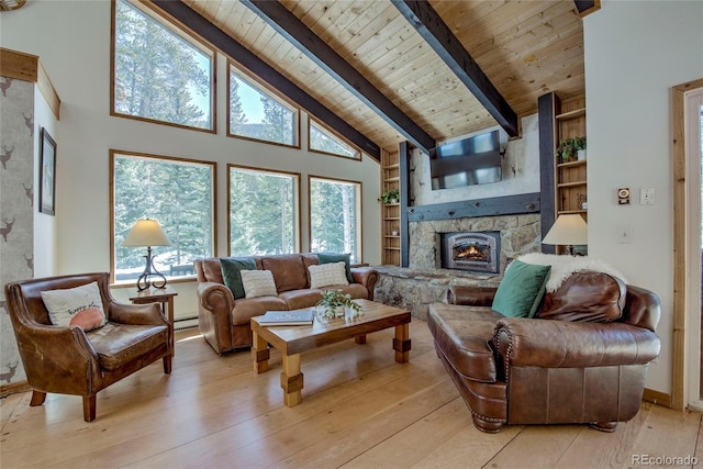 68 Starlit Ln, Blue River, CO 80424 - living room with light wood-type flooring, wooden ceiling, a fireplace, and beam ceiling