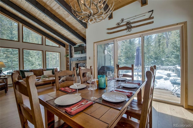 68 Starlit Ln, Blue River, CO 80424 - dining space with an inviting chandelier, a fireplace, wood ceiling, wood-type flooring, and vaulted ceiling with beams