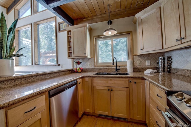 68 Starlit Ln, Blue River, CO 80424 - kitchen with wood ceiling, a sink, light wood-type flooring, and stainless steel appliances