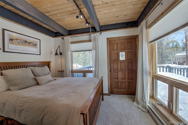 68 Starlit Ln, Blue River, CO 80424 - bedroom with baseboard heating, track lighting, beamed ceiling, wood ceiling, and light colored carpet