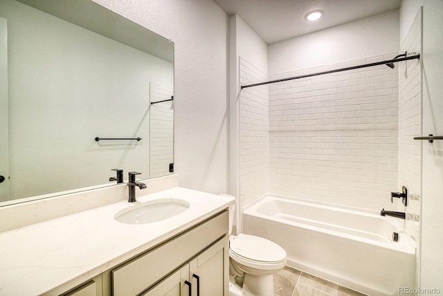 bathroom featuring toilet, recessed lighting, washtub / shower combination, and vanity