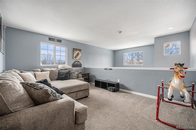 carpeted living area featuring baseboards and a textured ceiling