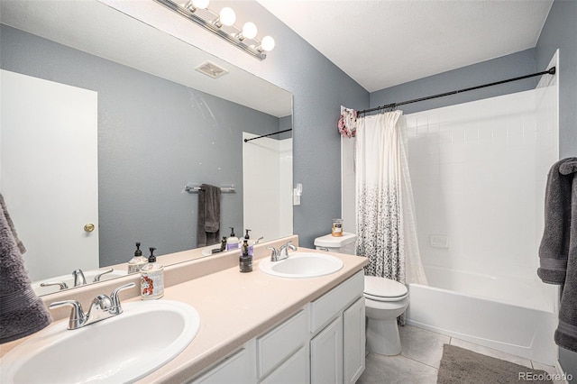 full bathroom with toilet, shower / tub combo, tile patterned flooring, and a sink