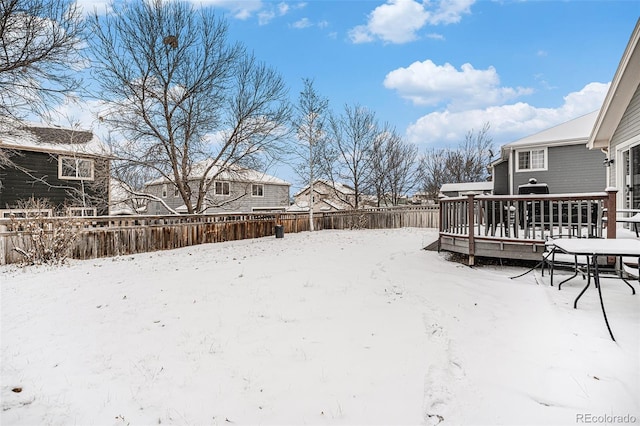 yard covered in snow with a fenced backyard and a wooden deck