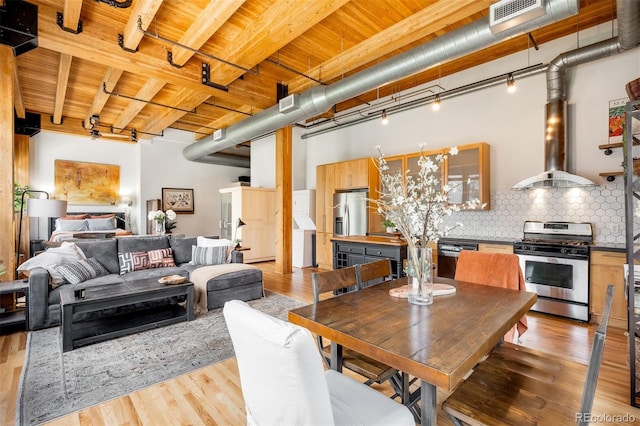 2955 Inca St Unit 2P, Denver, CO 80202 - dining room featuring light wood finished floors and a wooden ceiling with exposed beams