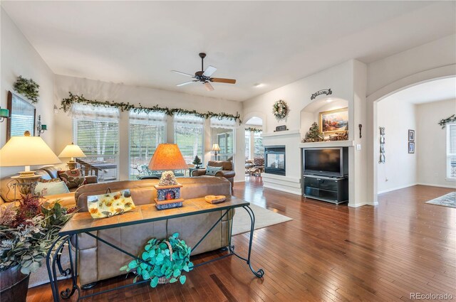 home office featuring ceiling fan and hardwood / wood-style floors