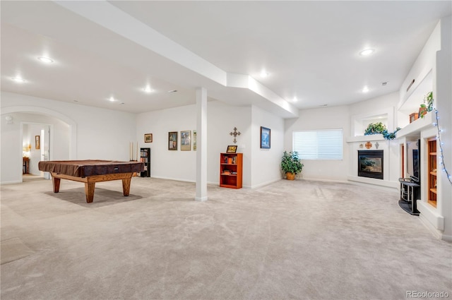 playroom with billiards and light colored carpet