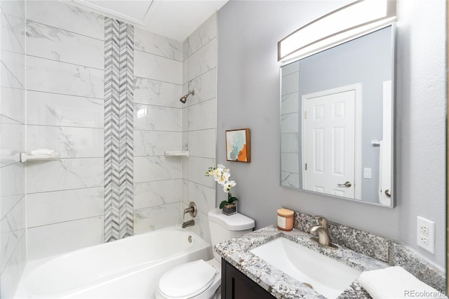 bathroom with toilet, bathing tub / shower combination, and vanity