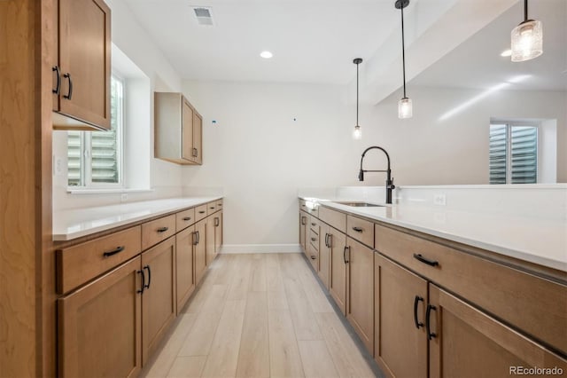 kitchen with sink, hanging light fixtures, and light hardwood / wood-style floors