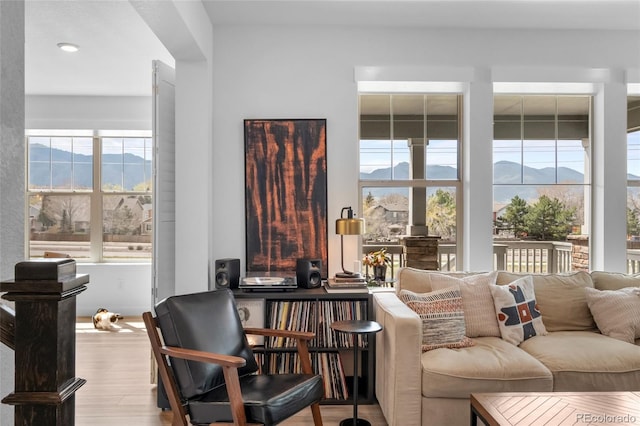 interior space featuring a mountain view, wood finished floors, and recessed lighting