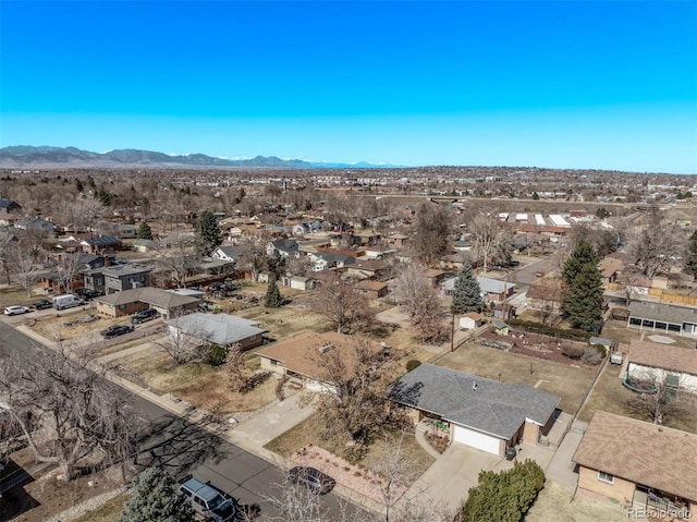 bird's eye view featuring a residential view and a mountain view