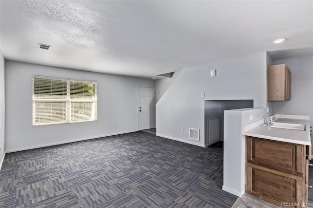 545 Tanager St, Brighton, CO 80601 - unfurnished living room with dark carpet and a textured ceiling