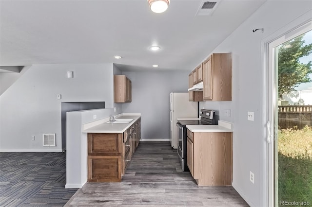545 Tanager St, Brighton, CO 80601 - kitchen with stainless steel range with electric stovetop, under cabinet range hood, light countertops, brown cabinets, and recessed lighting
