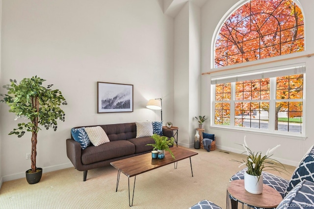 living room with a high ceiling and carpet flooring