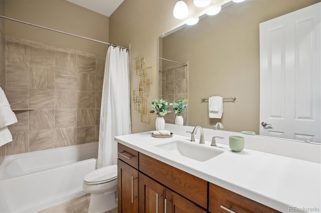 10731 Featherwalk Ln, Highlands Ranch, CO 80126 - bathroom with toilet, shower / bath combo with shower curtain, vanity, and tile patterned floors