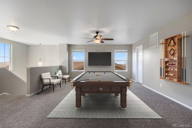 12210 Pine Post Dr, Parker, CO 80138 - recreation room featuring carpet flooring, ceiling fan, baseboards, and billiards table