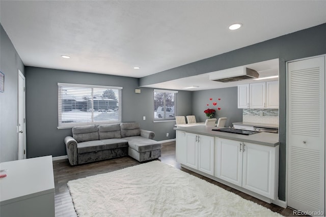 kitchen with open floor plan, light countertops, wood finished floors, and white cabinets