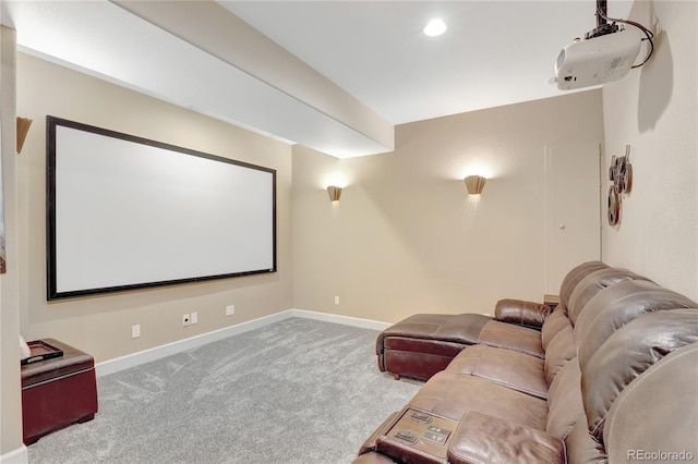 home theater room with baseboards, carpet flooring, and recessed lighting