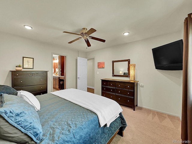 5319 E Davies Dr, Centennial, CO 80122 - bedroom featuring light colored carpet, recessed lighting, a ceiling fan, and ensuite bathroom