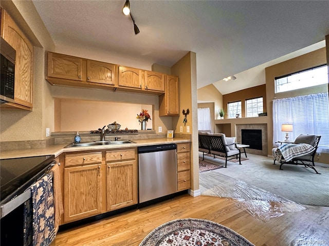 kitchen with vaulted ceiling, light hardwood / wood-style flooring, sink, a fireplace, and appliances with stainless steel finishes